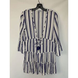 Blue Island Coverup Blue Silver White Strip Bell Sleeve Size XS